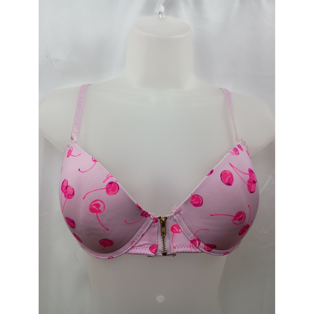 Juicy Couture Pink Cherry Print Underwire Push Up Bra 34C Zipper Detail